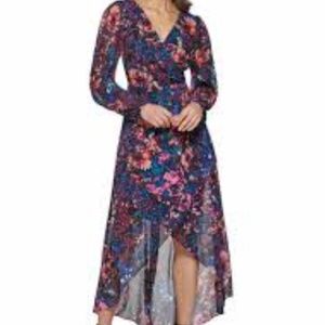 Guess Printed Chiffon Midi Dress Black Multicolored, Size 6 NWT